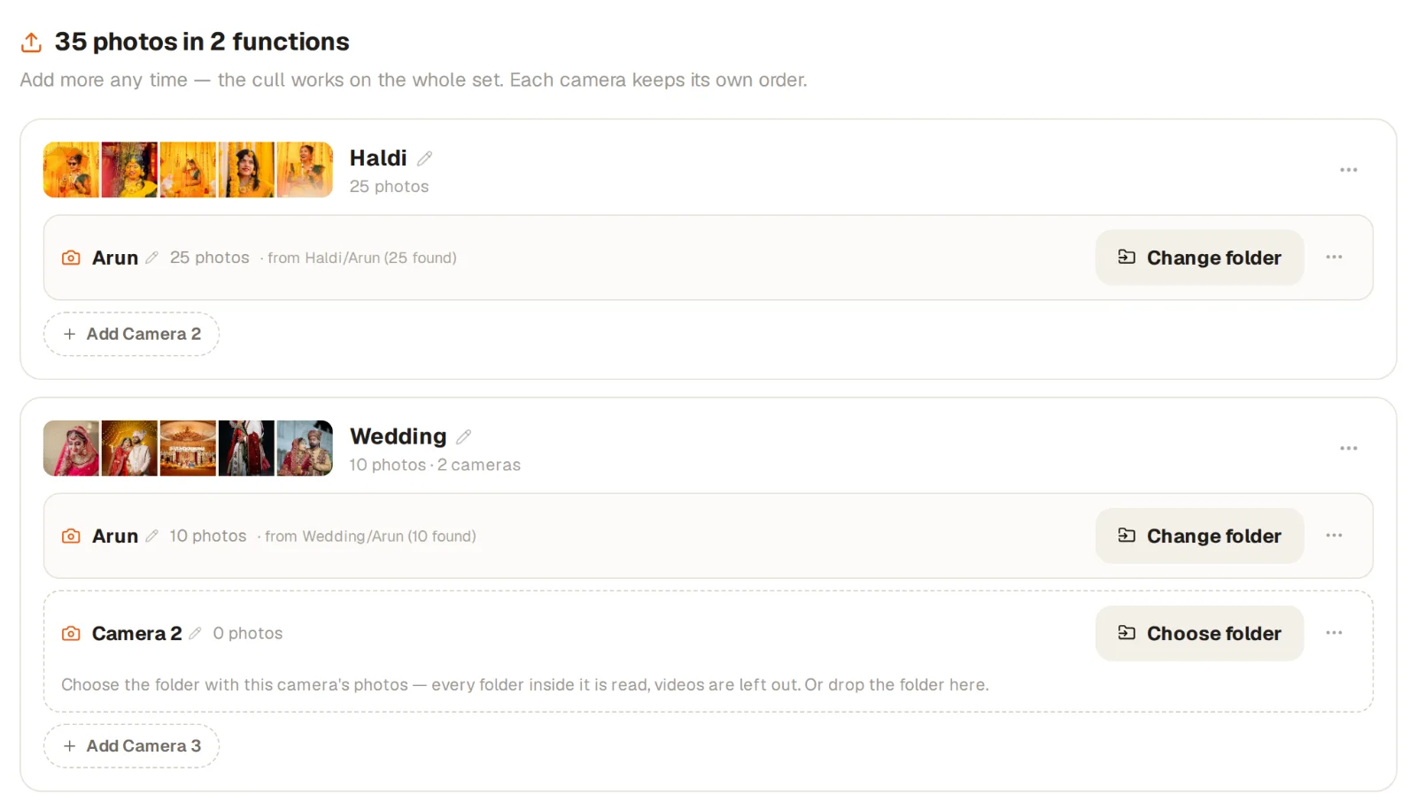 The Upload step: Haldi uploaded, Wedding with one camera in and Camera 2 waiting for its folder
