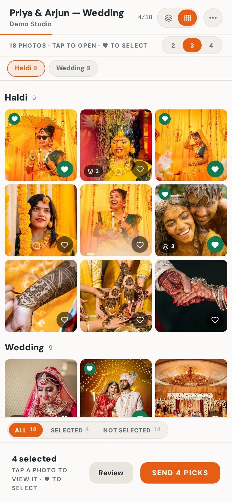The client's link on a phone: the grid with ♥ on a picked photo